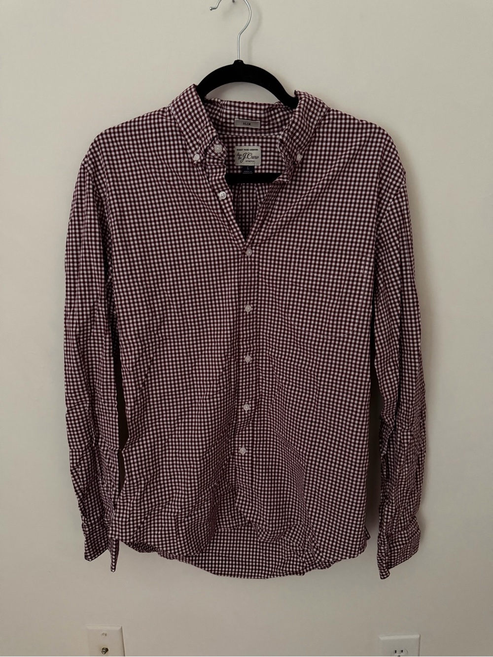 J. Crew Men's Burgundy and White Gingham Button-Down Shirt